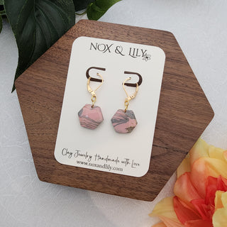 Hexagon Hypoallergenic Drop Earrings - Pink Swirl